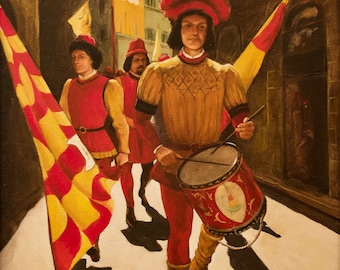 OIL PAINTING of PALIO Procession with a Drummer, Siena, Italy, fine framed art, 18"x30"