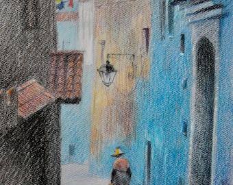 In Chefchaouen, Morocco, colored pencils and pastel drawing