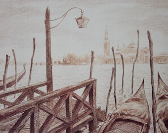 VENICE, ITALY WATERCOLOR, original watercolor pencil drawing