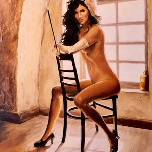 OIL PAINTING, A nude woman with a mouthpiece, romantic gift for him, sensual art, wall decoration image 2