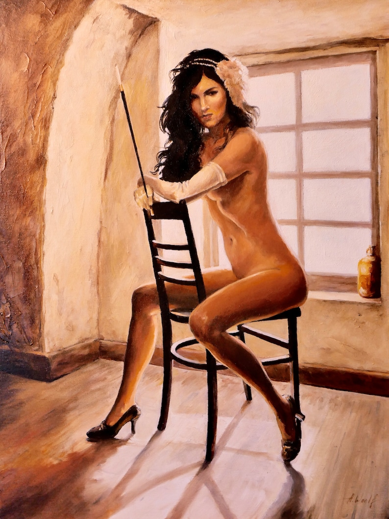 OIL PAINTING, A nude woman with a mouthpiece, romantic gift for him, sensual art, wall decoration image 2