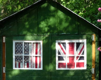 ARTISTIC PHOTOGRAPHY, Union Jack and US flag in a shed's windows, artistic photo, housewarming gift