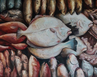 Fischmarkt, Öl auf Leinwand original Gemälde, 30 &quot;x 20&quot;, gerahmt Kunst