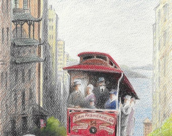 FINE PENCIL DRAWING, San Francisco's trolley in 1930th, colored pencil drawing, vintage art, housewarming gift, memory gift