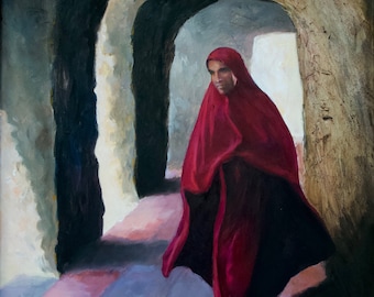 Ethiopian Muslim Woman walking in an ancient archway, fine framed art, 16"x20"