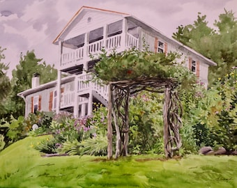 A House and Garden in North Carolina, original watercolor painting.