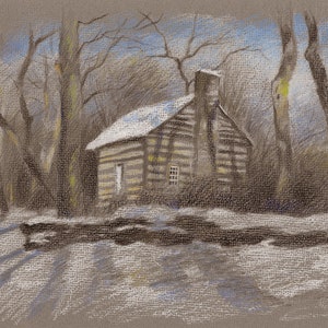 WINTER LANDSCAPE, Old house in the woods, colored pencil drawing, 10&quot;x8&quot;, high quality print.