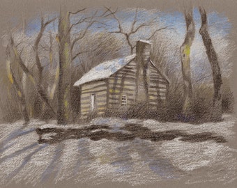 WINTER LANDSCAPE DRAWING, Old house in the woods, colored pencil drawing, 10"x8", high quality print.