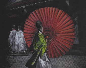 Wedding Ceremony in Japan, Colored Pencil Drawing, High Quality Print