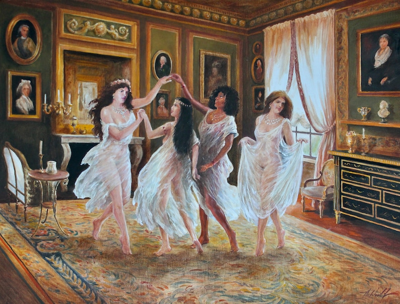 ROMANTIC NUDE PAINTING, Four Nude Female Dancers, Original Oil on Canvas Painting, Nude Women