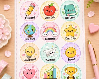 May include: A sheet of twelve circular reward stickers featuring colorful cartoon illustrations and text. The header reads Reward Stickers and You did your best. Each sticker displays a unique character or object with a face and a positive phrase.