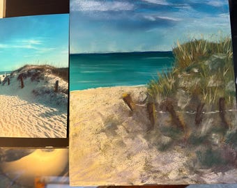 Dipinto originale di spiaggia dai colori tenui / Paesaggio costiero dunale / Arte murale oceanica / Opera originale 11x7 / Arrivo