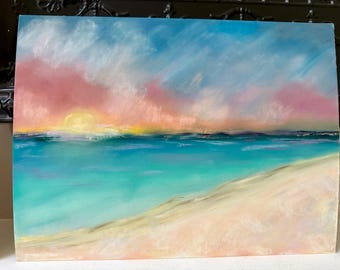 Original Soft Pastel Beach Painting | Coastal Sunset Wall Art | Ocean Landscape | 9x12 Original Art | Benediction