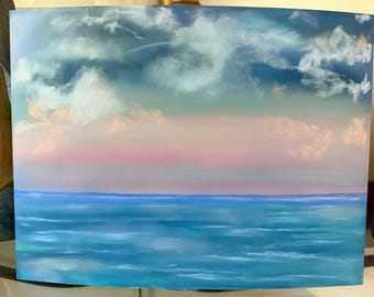 Pintura original de paisaje marino en pastel suave / Arte mural costero de 9x12 pulgadas