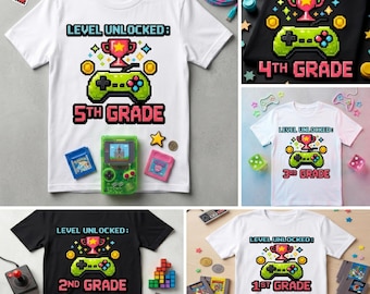 Terug naar school png-bundel, niveau ontgrendeld Terug naar school png-bundel | Pixel Art-gamecontroller | Sublimatie-DTF jongens 1e-5e leerjaar