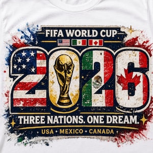 May include: A white t-shirt featuring a graphic for the FIFA World Cup 2026. The design includes the text 2026 with the flags of the USA, Mexico, and Canada integrated into the numbers, a gold trophy, and the text Three Nations. One Dream.