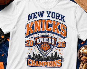 Knicks Champions PNG, New York Knicks 2026 Champions PNG, verontruste vintage basketbalsublimatie, NYC Skyline fanshirt digitale download