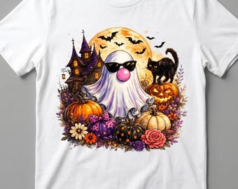 Ghost Blowing Bubble Gum, png, penseelstreek Halloween-sublimatieontwerp, girly spookhuisshirtontwerp, trendy bloemen herfst, png