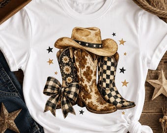 Cowboylaarzen, png-waterverf | Western cowgirl-sublimatieontwerp | Geruite strikmuts | Digitale download DTF-overdracht