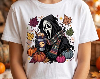 Ghostface herfstkoffie, png | Herfstshirt Spooky Latte Horror Mask | Halloween-sublimatieontwerp | Digitale download DTF-hittepers