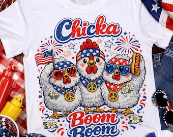 Chicka Boom Boom, png | Grappig patriottisch kipsublimatieontwerp | 4 juli Groovy Chicken-T-shirt | Digitale download DTF-overdracht