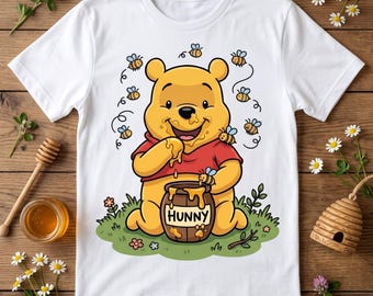 Honingbeer png, klassieke Winnie de Poeh png, cartoon gele beer sublimatieontwerp, babyshower peuter T-shirt, vintage pooh babyshower