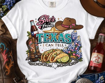 She's From Texas I Can Tell PNG, Texas Cowgirl Western Sublimation, Big Red Pink Western Shirt, Texas Girl Preppy Boutique Digital Download