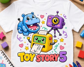 Toy Story 5-personages png, geanimeerde speelgoedvrienden kawaii png, cartoon Toy Crew 5 sublimatie T-shirtontwerp, kinderfilm-T-shirt