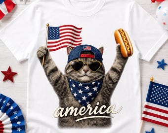 Patriottische kat png, grappig shirt van 4 juli kat Amerika, kat hotdog sublimatie DTF ontwerp, USA Cat Lover Independence Day png