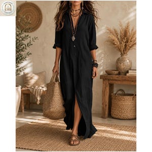 long sleeve bohemian maxi dress button up Long Sleeve Button Down Boho Dress