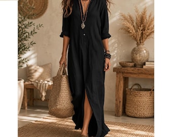 Frauen Boho Maxi Kleid | Baumwoll-Leinen Button-Down-Hemd Kleid
