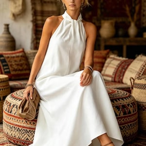 white halter flowy dress Speak Your Truth Halter Maxi Dress (Off White)