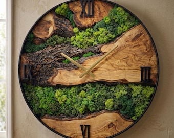 Custom Moss Olive Wood Wall Clock, Metal and Olive Wooden Wall Clock, Olive Wooden Wall Clock & Moss Wall Art, Preserved Stabilized Moss