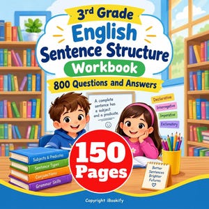Może przedstawiać: Zeszyt ćwiczeń 3rd Grade English Sentence Structure zawierający 800 pytań i odpowiedzi oraz 150 stron. Okładka przedstawia chłopca i dziewczynkę, stos czterech kolorowych książek, pojemnik na ołówki oraz notatnik z tekstem Better Sentences Brighter Futures.