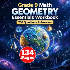 Könnte beinhalten: Ein Geometrie-Arbeitsbuch für die 9. Klasse mit 750 Fragen & Antworten und 134 Seiten. Das Cover zeigt einen zentralen Globus, umgeben von geometrischen Formen wie Würfeln, Kegeln und Zylindern vor einem dunkelblauen Weltraumhintergrund.