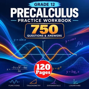 May include: A Grade 12 Precalculus Practice Workbook featuring 750 questions and answers across 120 pages. The cover displays mathematical formulas, including sine, cosine, and logarithmic functions, set against a dark blue background.