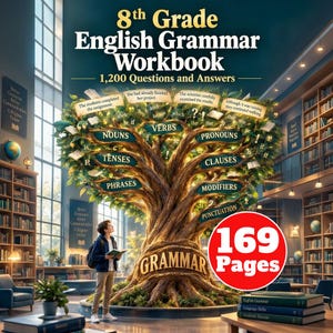 May include: An 8th Grade English Grammar Workbook with 1,200 Questions and Answers and 169 Pages. The cover features a large tree with branches labelled Nouns, Verbs, Pronouns, Tenses, Clauses, Phrases, Modifiers, and Punctuation in a library.