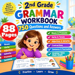 Op de afbeelding: Een grammatica-werkboek voor groep 4 met 88 pagina's en 750 vragen en antwoorden. De kaft toont een getekend kind dat in een open boek schrijft, omringd door kleurrijke tekst, een stapel van zes boeken en een beker met kleurpotloden.