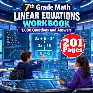 Peut inclure: Un cahier d'exercices de mathématiques de 7e année sur les équations linéaires avec 1 000 questions et réponses sur 201 pages. La couverture affiche des équations algébriques, un graphique et la résolution étape par étape de 3x + 6 = 24.