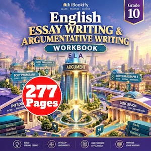 May include: A Grade 10 English Essay Writing and Argumentative Writing workbook by iBookify. The cover features a city illustration with text labels for essay components like introduction, body paragraphs, and conclusion, plus a 277 pages badge.
