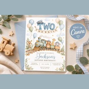 May include: A rectangular birthday invitation card featuring a watercolour train with a bear, giraffe, and elephant. The text reads TWO THE RAILS, Jackson's SECOND BIRTHDAY, and event details. Includes balloons, stars, and greenery illustrations.