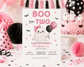 Invitación de cumpleaños editable "Boo I'm Two" / Cumpleaños de Halloween para niña / Fantasma rosa