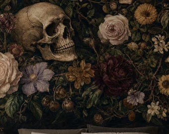 Gothic Skull Floral Wallpaper, Dark Botanical Peel and Stick Wall Mural, Vintage Macabre Wall Decor, Moody Wall Art