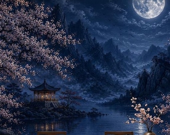Moonlit Cherry Blossom Wallpaper, Oriental Night Landscape Wall Mural, Non Woven Lake View Wall Decor, Peel and Stick Asian Wall Art