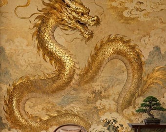 Golden Dragon Wallpaper, Non Woven Chinese Mythology Wall Mural, Peel and Stick Oriental Fantasy Wall Decor, Celestial Dragon Wall Art