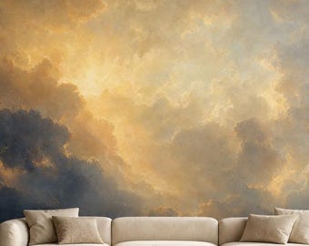 Golden Sky Clouds Wallpaper, Dramatic Light Peel and Stick Wall Mural, Ethereal Heaven Wall Decor, Painterly Cloudscape Wall Art