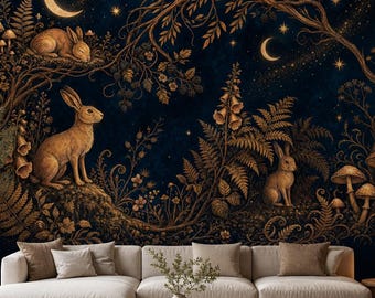 May include: A wall mural featuring a dark blue night sky with golden crescent moons, stars, and a forest scene. The illustration includes three brown rabbits, detailed ferns, wildflowers, and mushrooms arranged among tree branches.