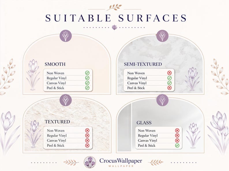 May include: An informational chart titled SUITABLE SURFACES by CrocusWallpaper. It features four arched sections labeled SMOOTH, SEMI-TEXTURED, TEXTURED, and GLASS, each listing wallpaper types with green checkmarks or red X icons indicating compatibility.