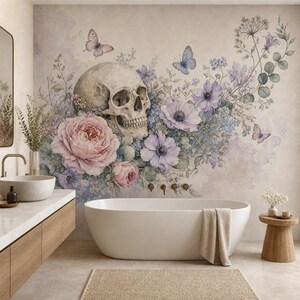 Floral Skull Wallpaper, Watercolor Gothic Flowers Wall Mural, Peel and Stick Butterfly Wall Decor, Pastel Skeleton Wall Art