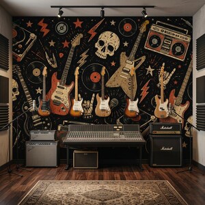 Vintage Rock Music Wallpaper, Peel and Stick Guitar Wall Mural, Non Woven Retro Band Wall Decor, Skull Wall Art